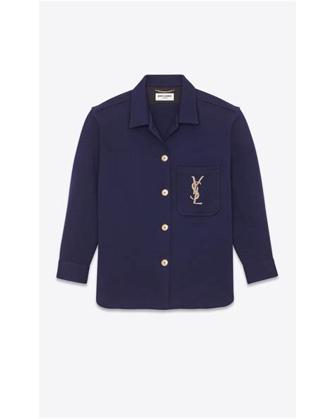 Saint Laurent Blue Embroidered Monogram Overshirt In Wool 